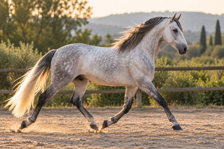 Cheval gris pommelé au trot dans une carrière, en lumière dorée