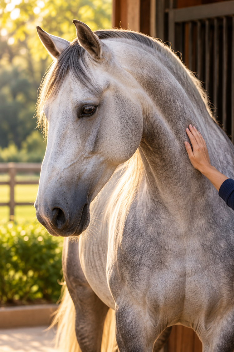 Cheval gris pommelé au pelage soyeux, une main posée sur son encolure