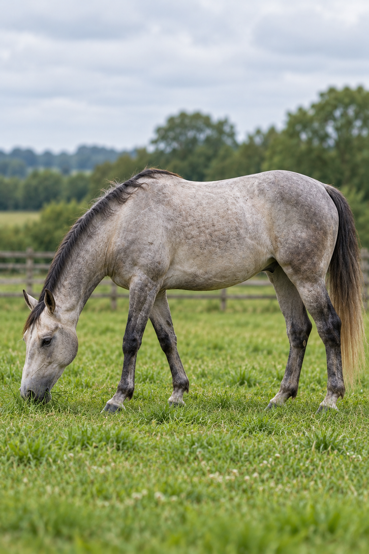 Cheval gris broutant l’herbe dans un pré