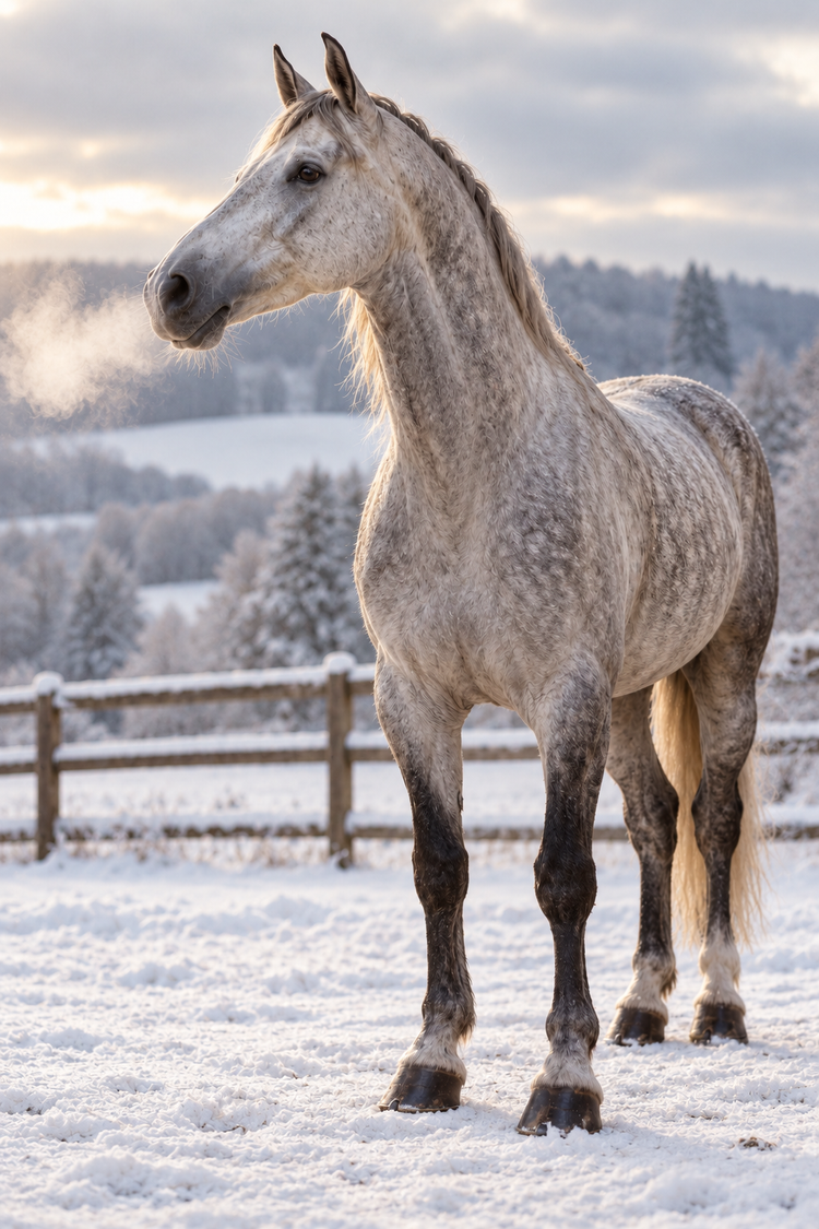 Cheval gris pommelé dans un paddock enneigé, son souffle visible dans l’air froid