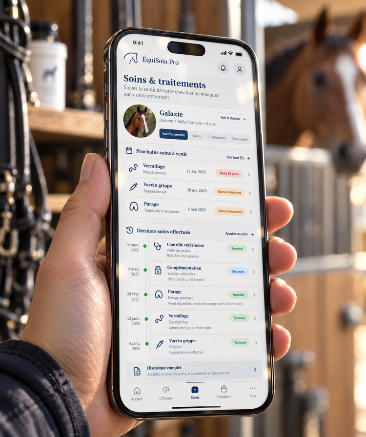 L’application ÉquiSoin Pro ouverte sur un téléphone, devant un cheval au box.