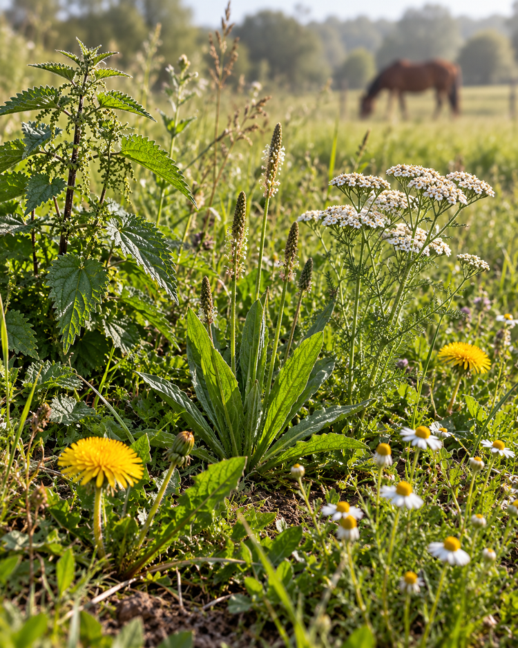 Plantes médicinales dans une prairie, un cheval au loin