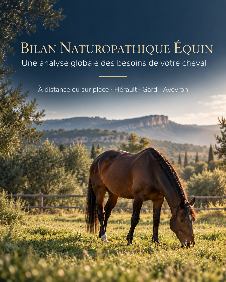 Cheval broutant dans une prairie ensoleillée